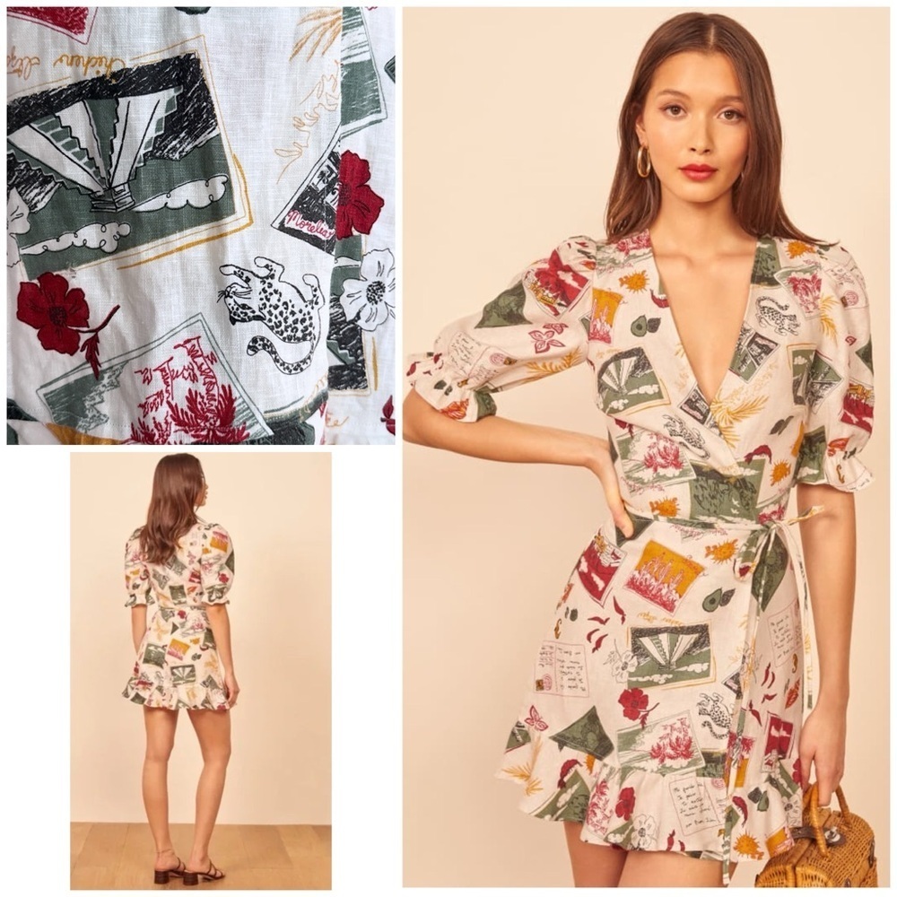 NWT Reformation Carmelo Linen Vacaciones Floral Jaguar Postcard Print Wrap Dres‍